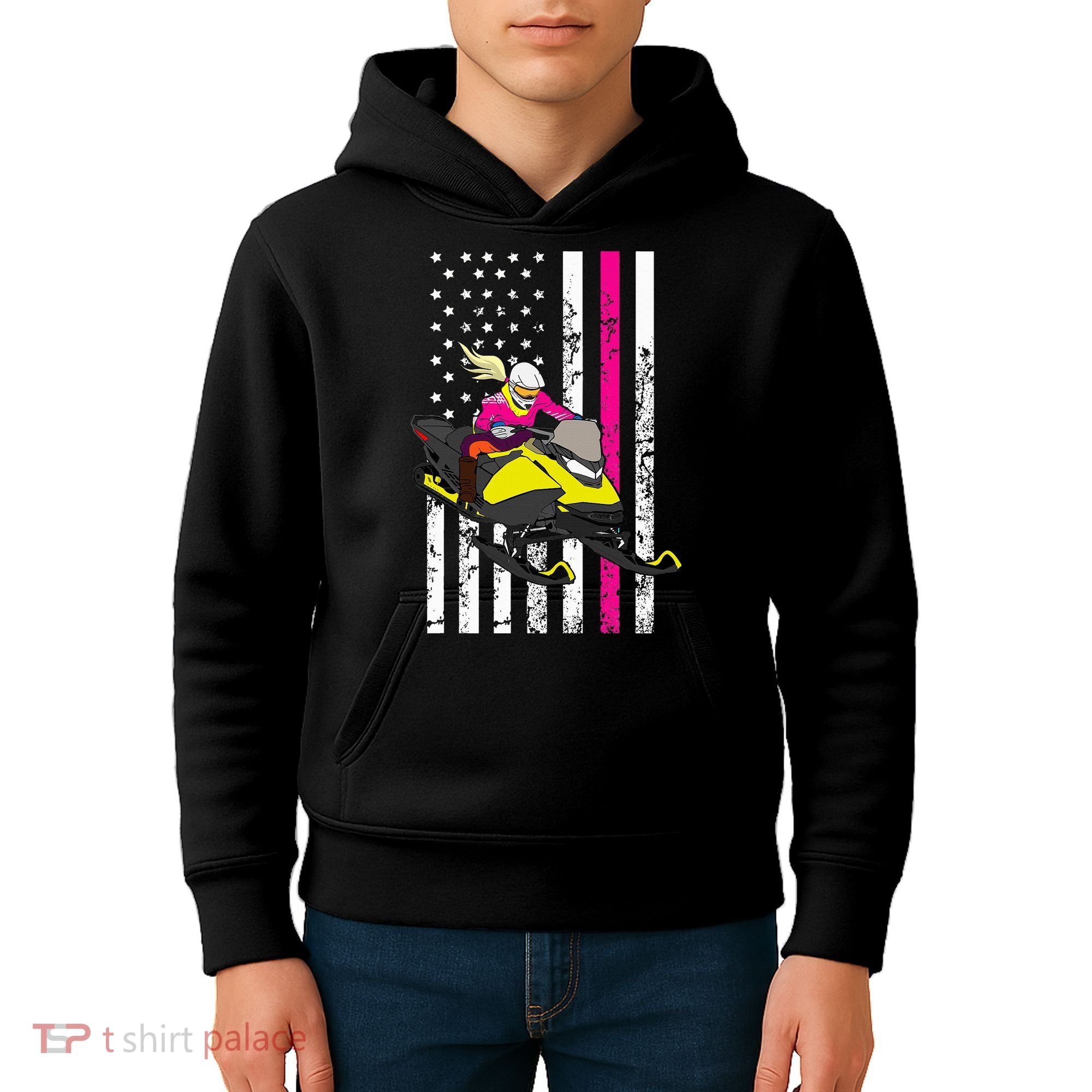 American Snowmobile Rider American Flag Snowmobile Kids Hoodie