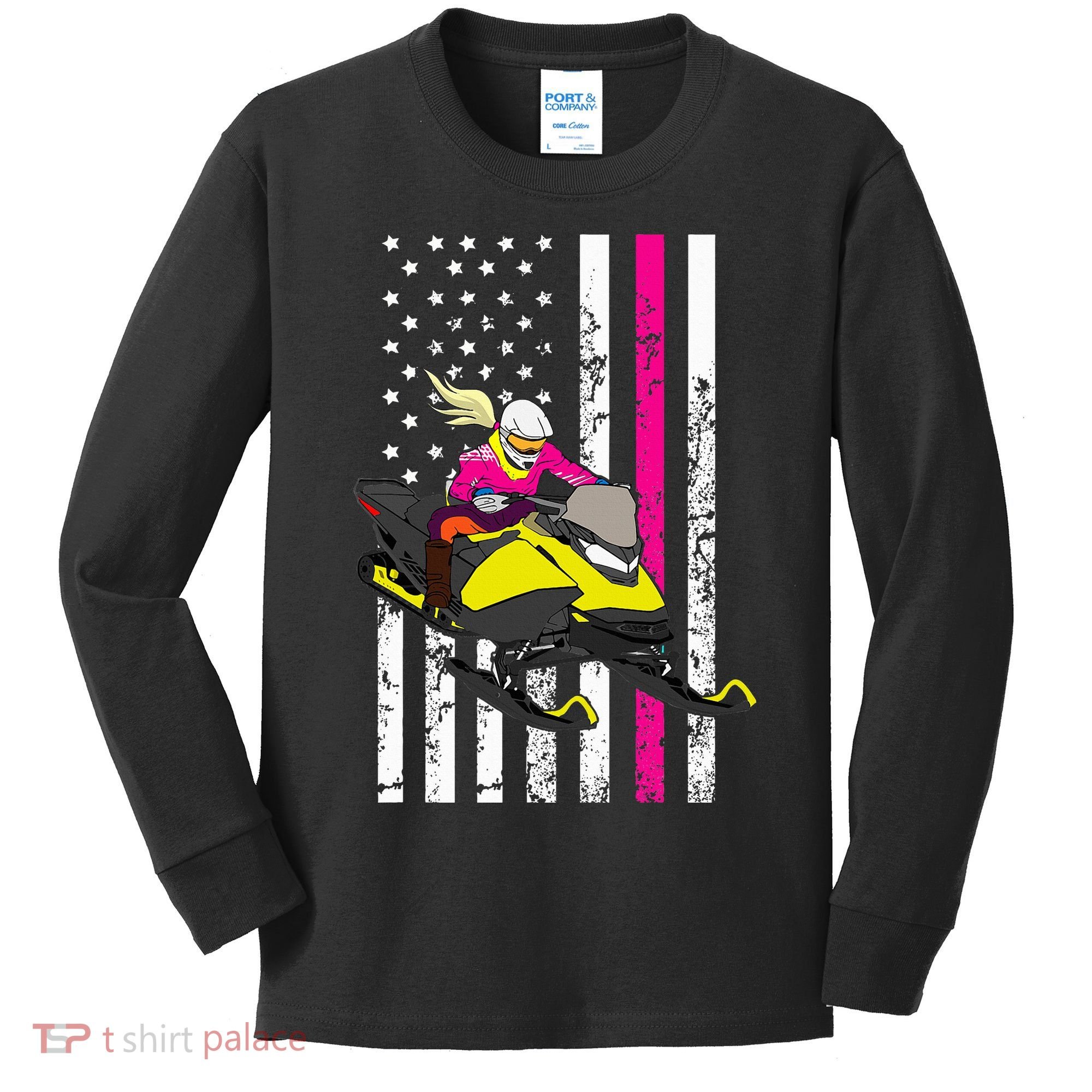 American Snowmobile Rider American Flag Snowmobile Kids Long Sleeve Shirt