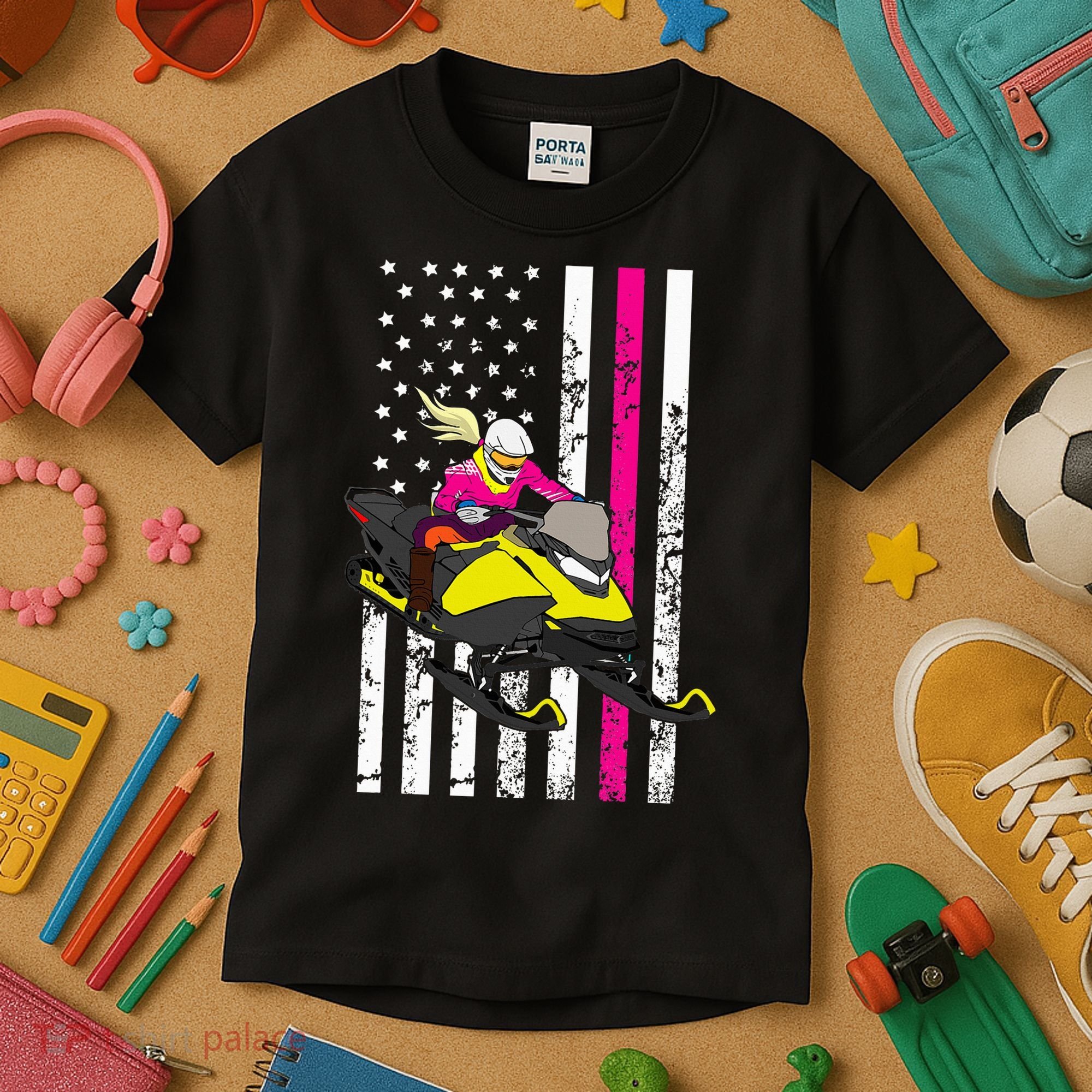 American Snowmobile Rider American Flag Snowmobile Kids T-Shirt