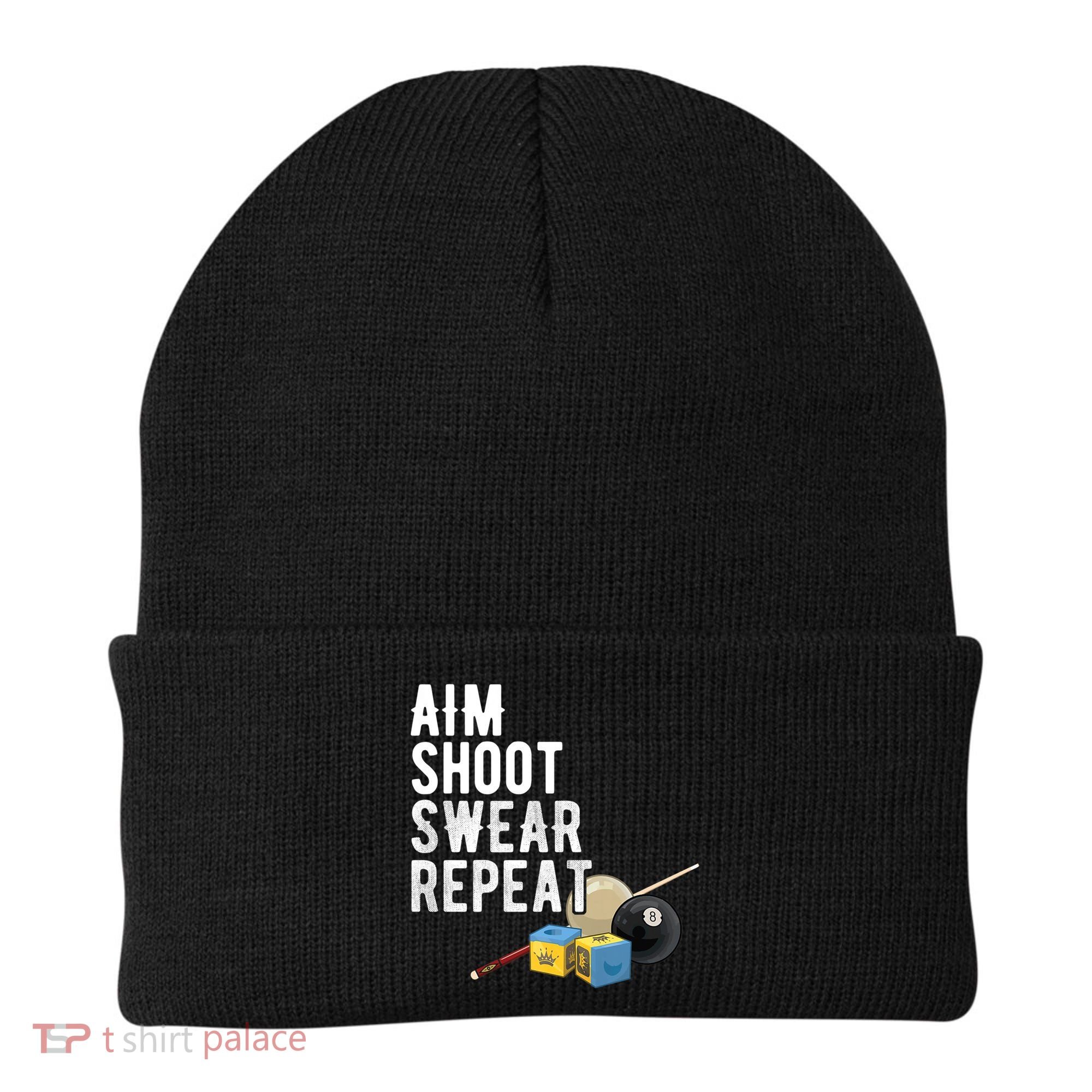 Aim Shoot Swear Repeat Cool Gift Pool Player Cool Gift Hall Shark Billiard Gift Beanie
