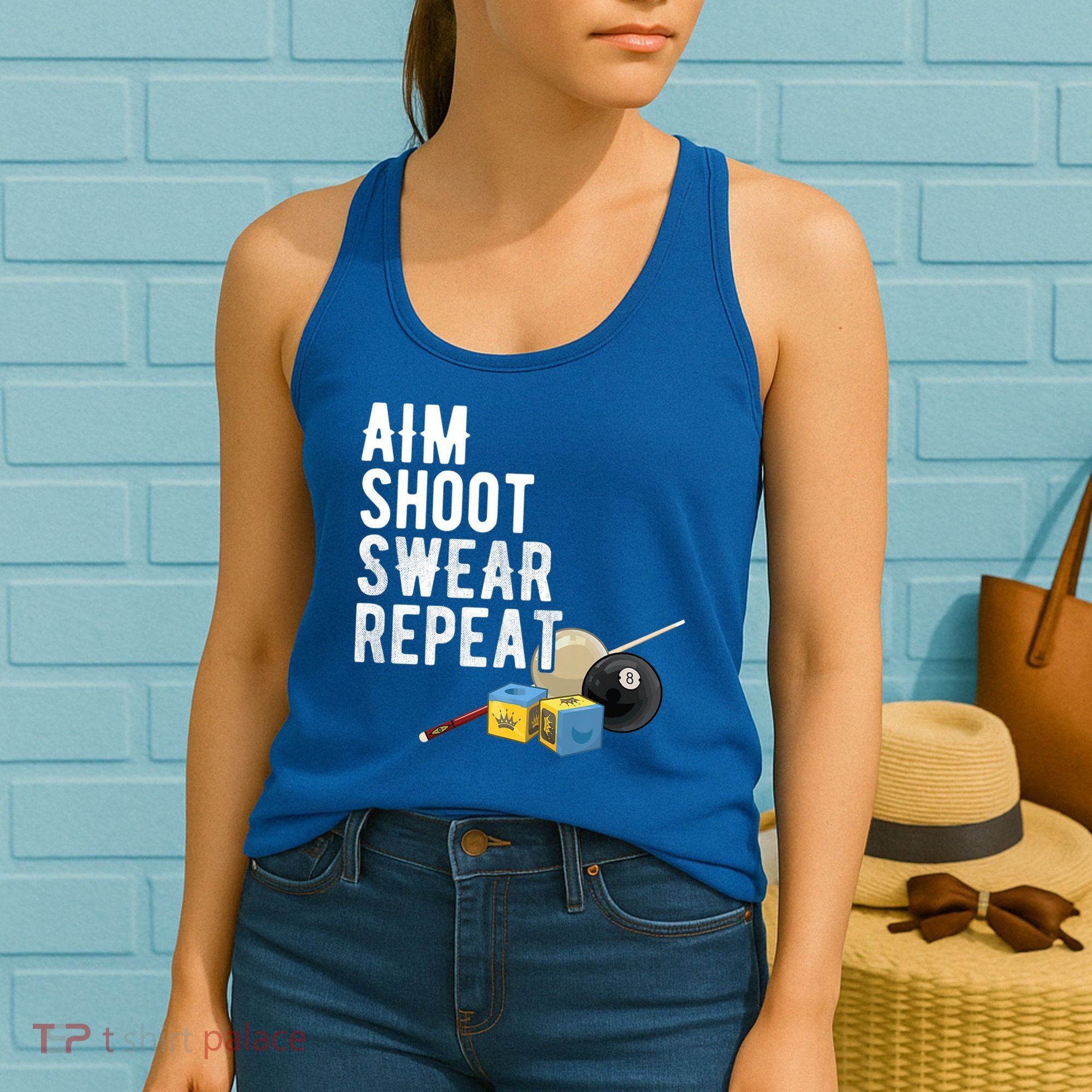 Aim Shoot Swear Repeat Cool Gift Pool Player Cool Gift Hall Shark Billiard Gift Women's Tank Top