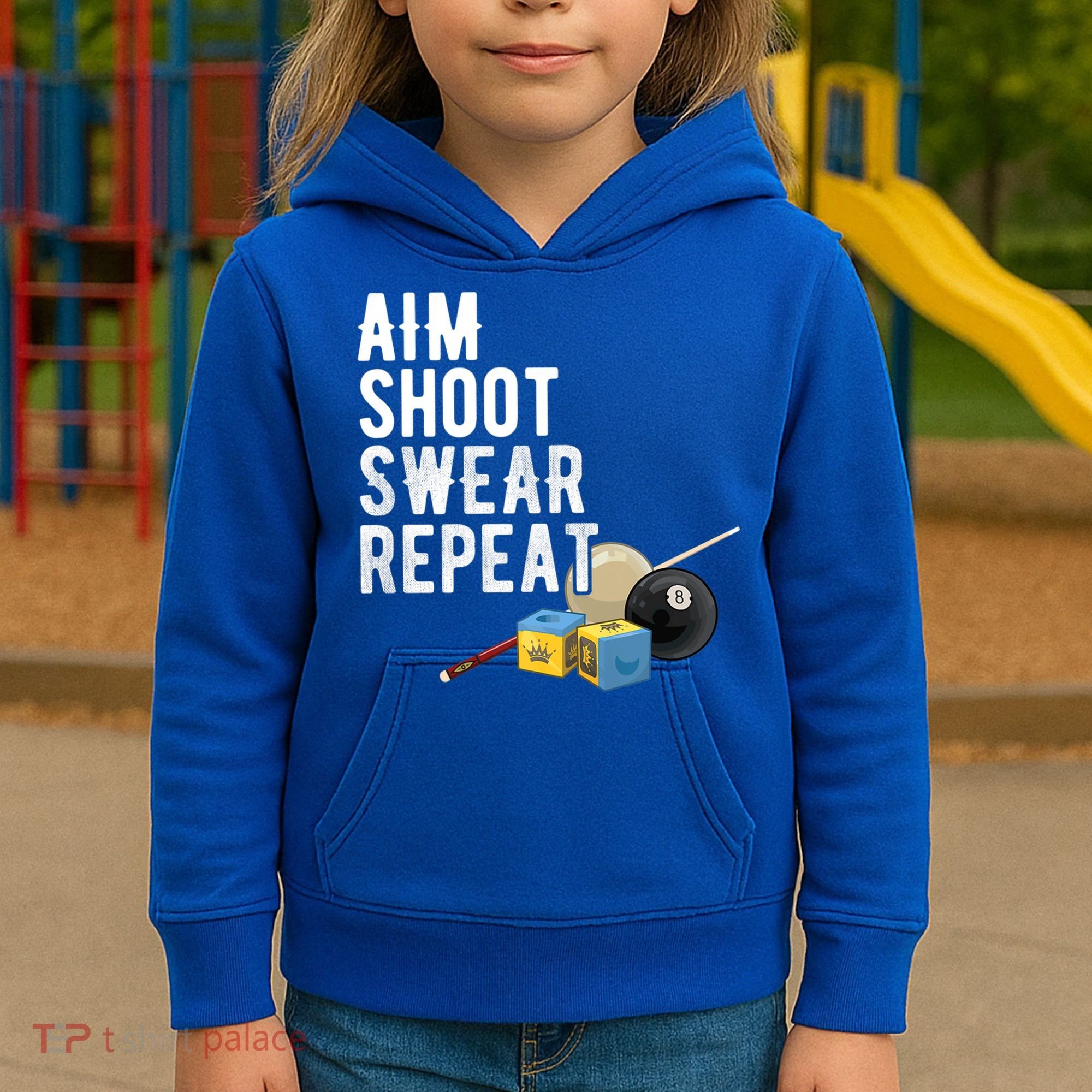 Aim Shoot Swear Repeat Cool Gift Pool Player Cool Gift Hall Shark Billiard Gift Kids Hoodie