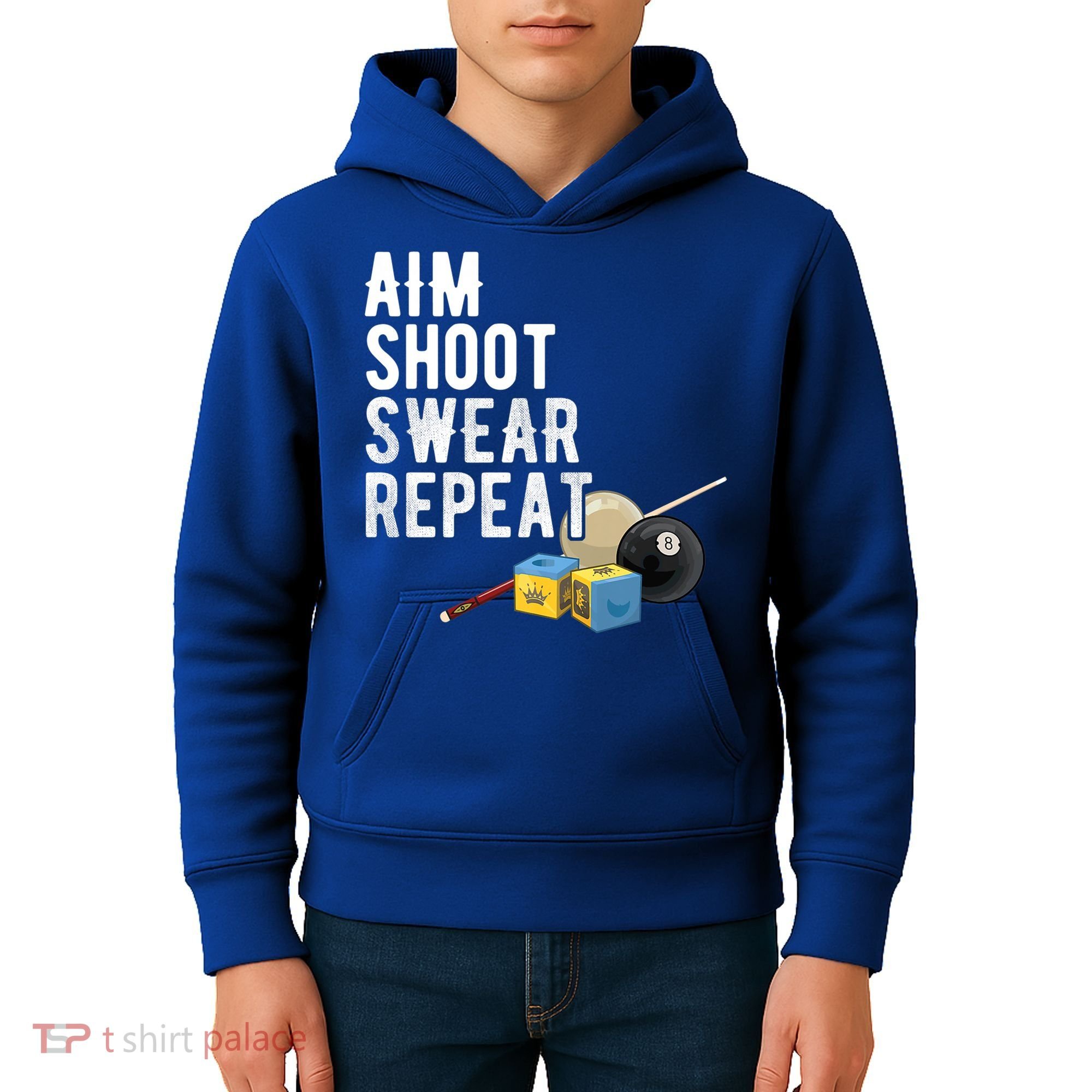 Aim Shoot Swear Repeat Cool Gift Pool Player Cool Gift Hall Shark Billiard Gift Kids Hoodie