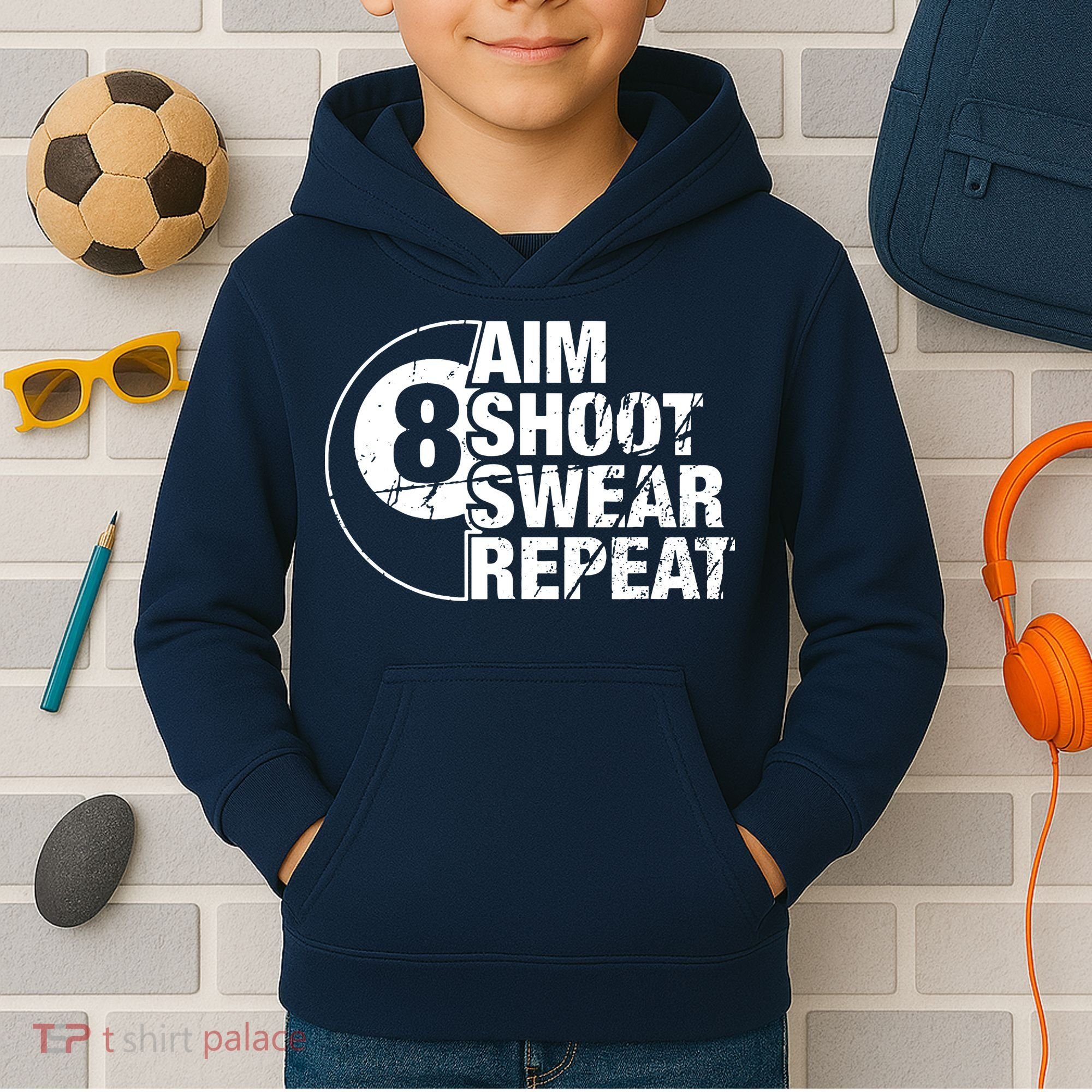 Aim Shoot Swear Repeat 8 Ball Pool Billiards Player Kids Hoodie