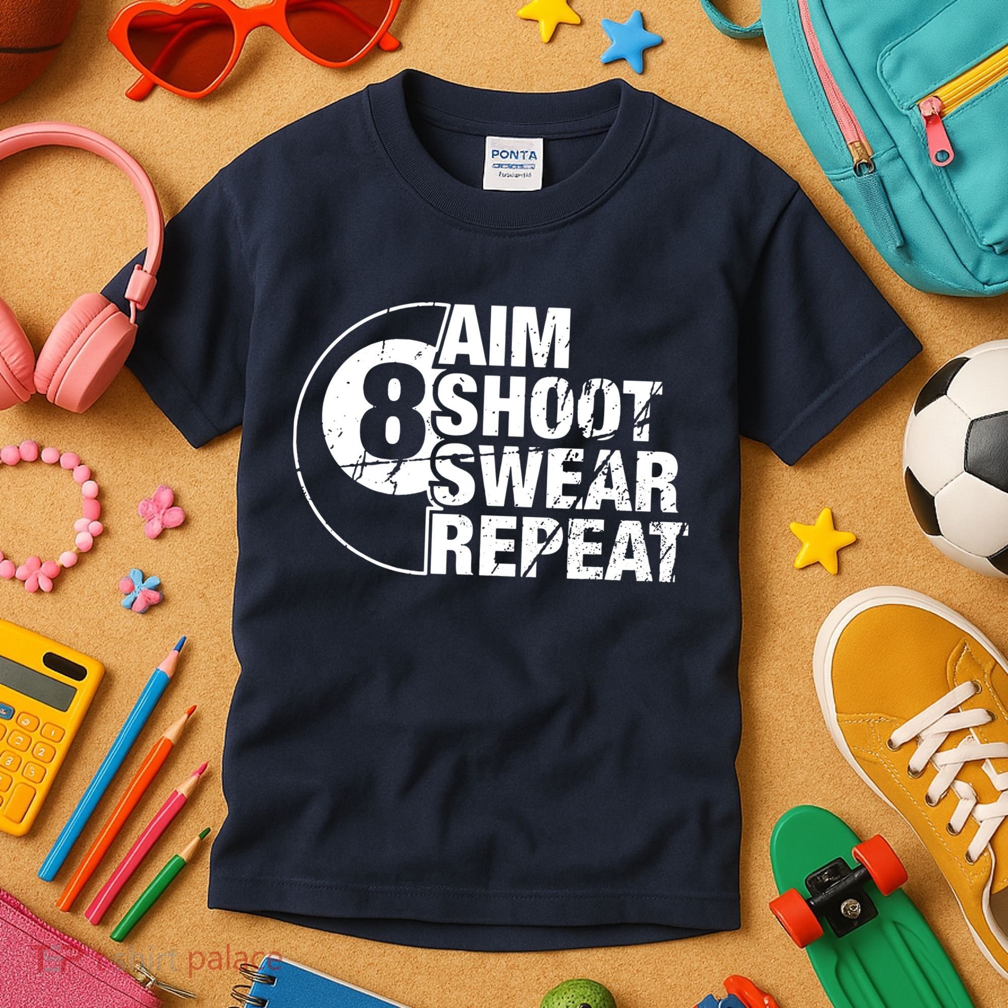 Aim Shoot Swear Repeat 8 Ball Pool Billiards Player Kids T-Shirt