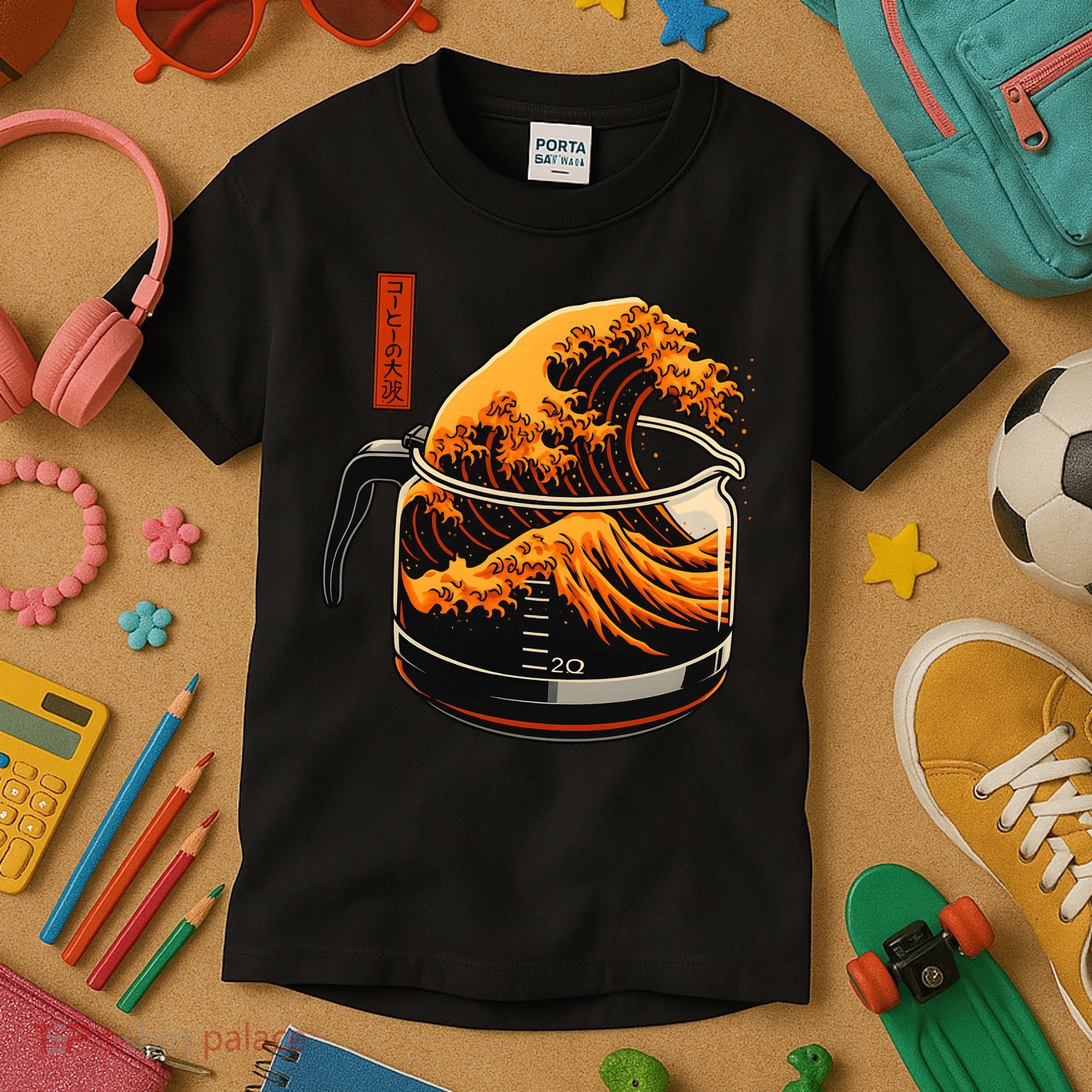 Anime Style: The Great Wave Of Coffee Kids T-Shirt