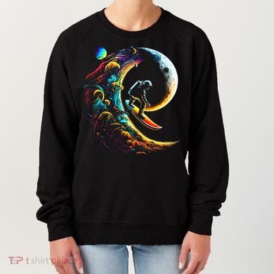 Astronaut surfing through space universe galaxy planets moon Women's Sweatshirt