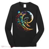 Astronaut surfing through space universe galaxy planets moon Long Sleeve Shirt thumb 0