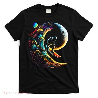 Astronaut surfing through space universe galaxy planets moon T-Shirt