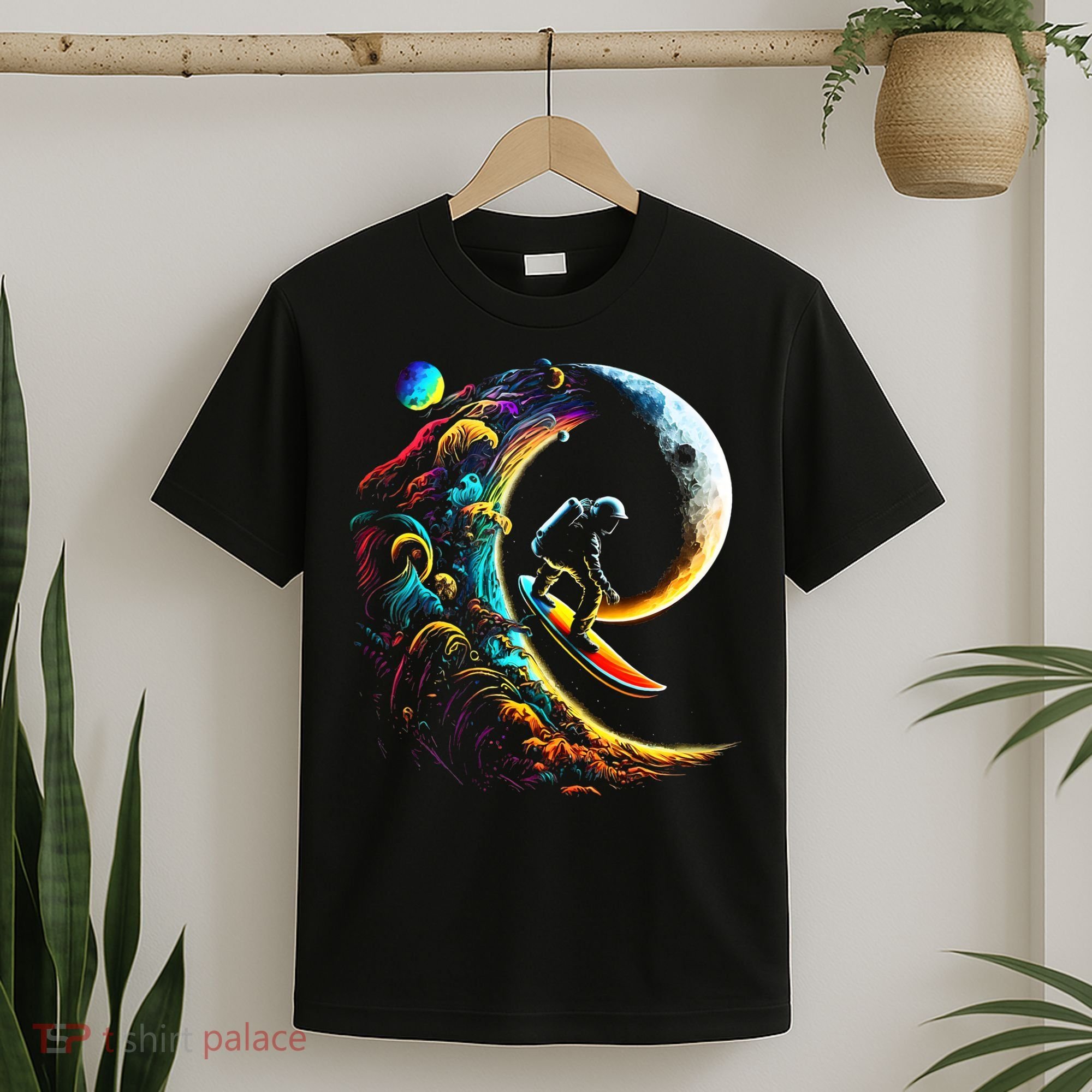 Astronaut surfing through space universe galaxy planets moon T-Shirt