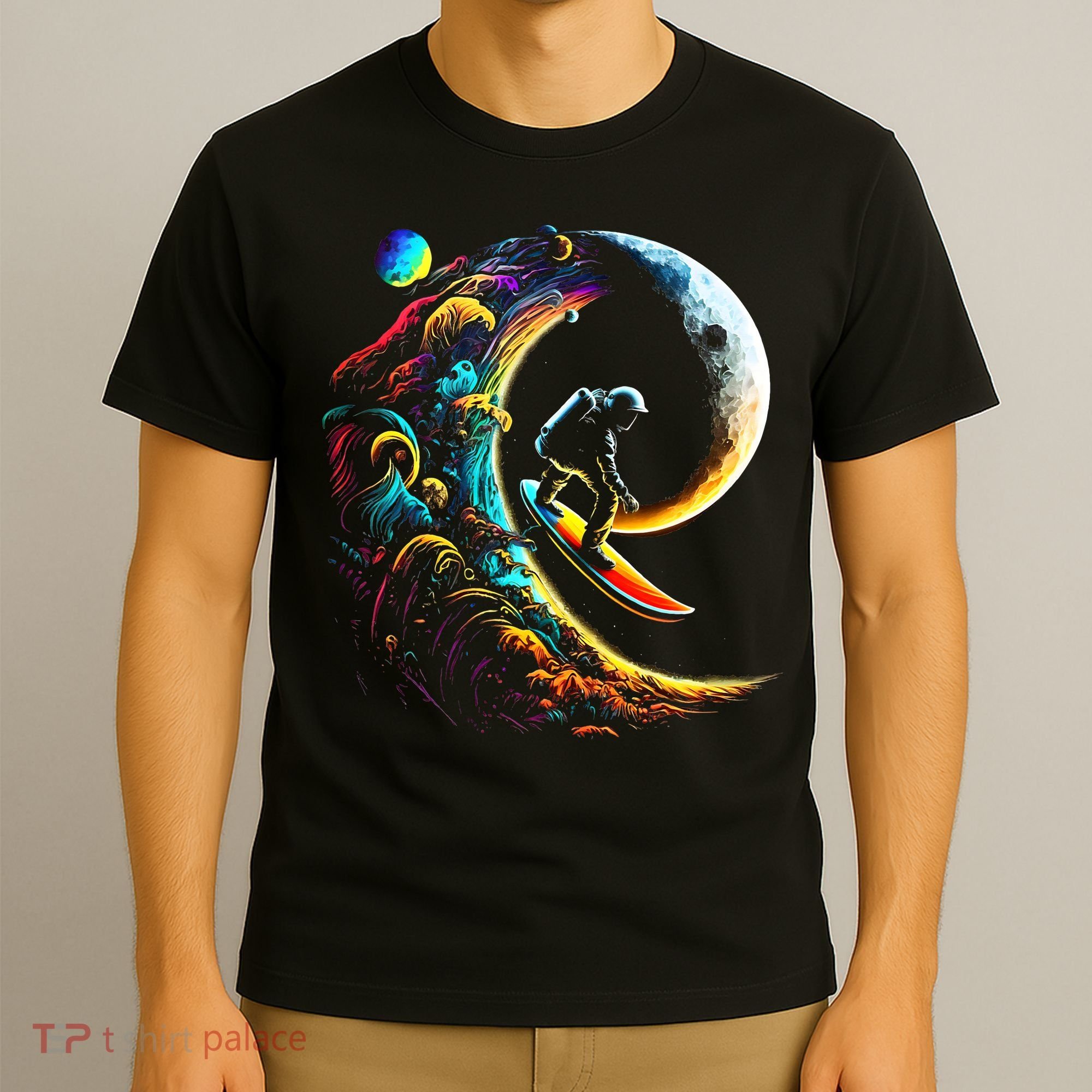 Astronaut surfing through space universe galaxy planets moon T-Shirt