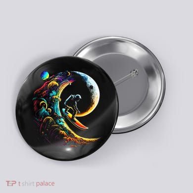 Astronaut surfing through space universe galaxy planets moon Button