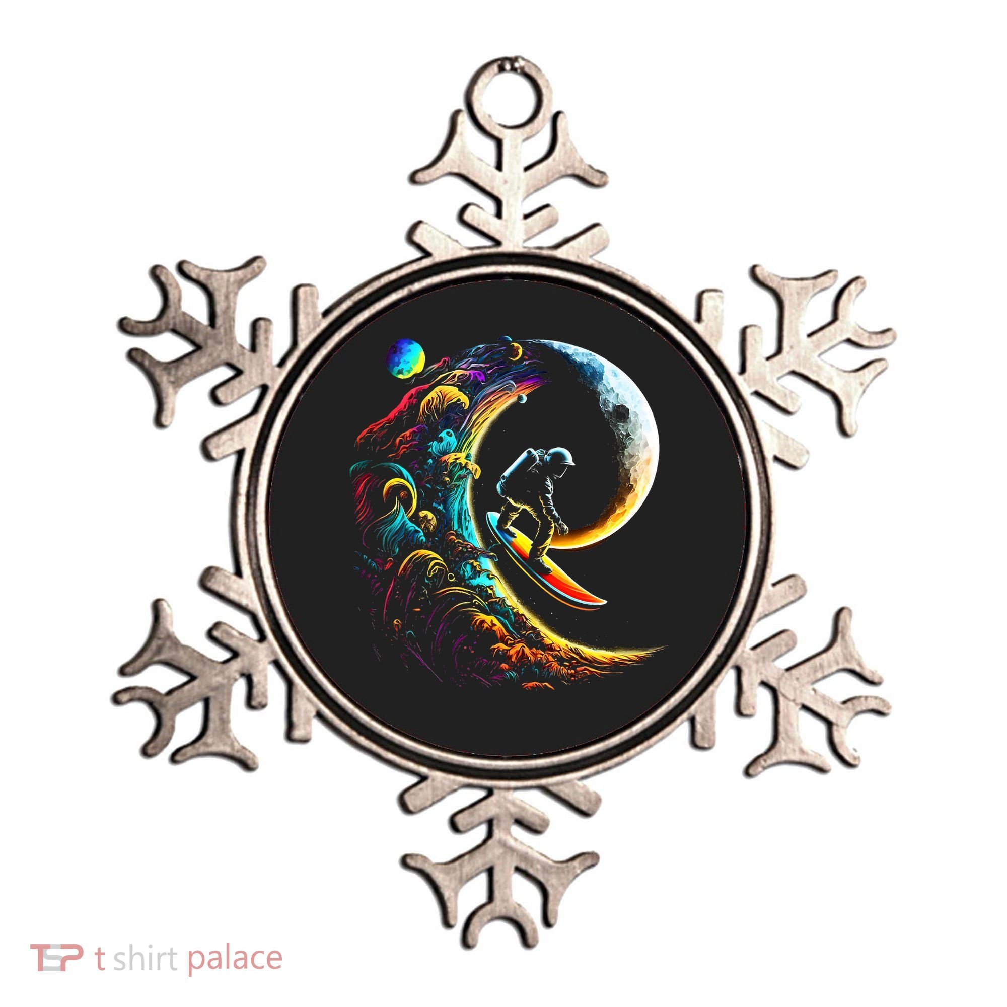 Astronaut surfing through space universe galaxy planets moon Ornament