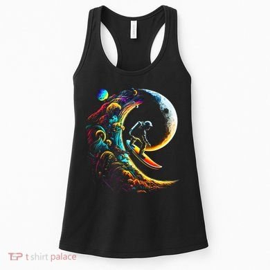 Astronaut surfing through space universe galaxy planets moon Women's Tank Top