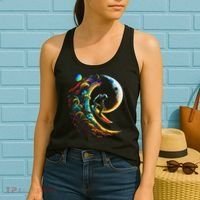 Astronaut surfing through space universe galaxy planets moon Women's Tank Top thumb 2
