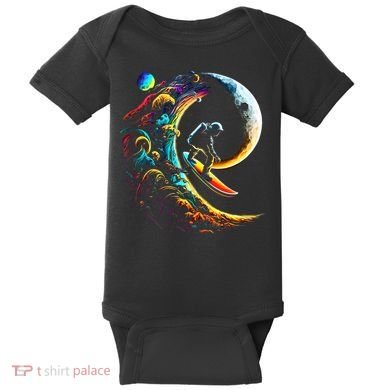 Astronaut surfing through space universe galaxy planets moon Baby Bodysuit