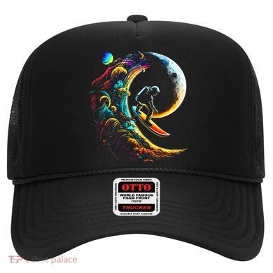 Astronaut surfing through space universe galaxy planets moon Hat