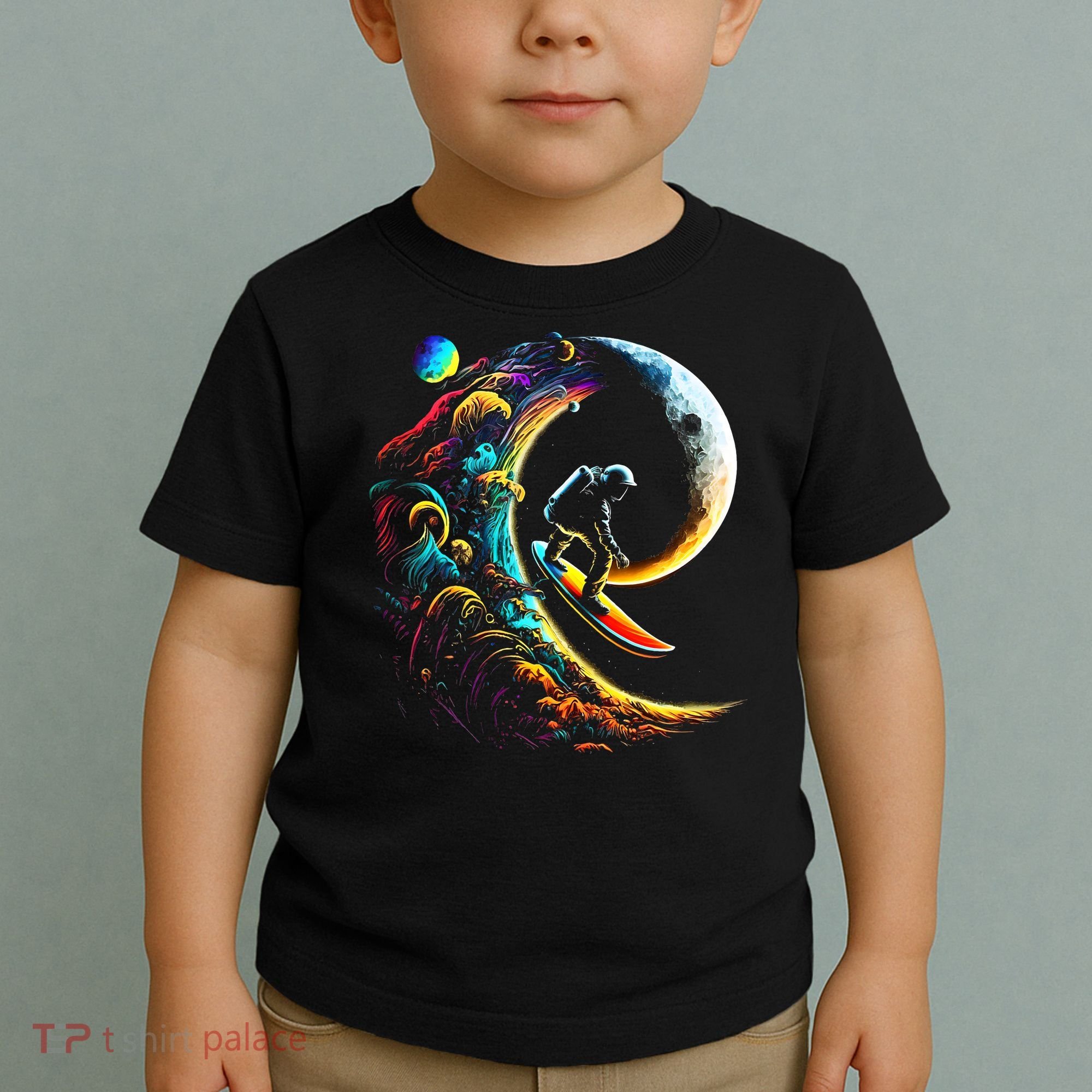 Astronaut surfing through space universe galaxy planets moon Toddler T-Shirt