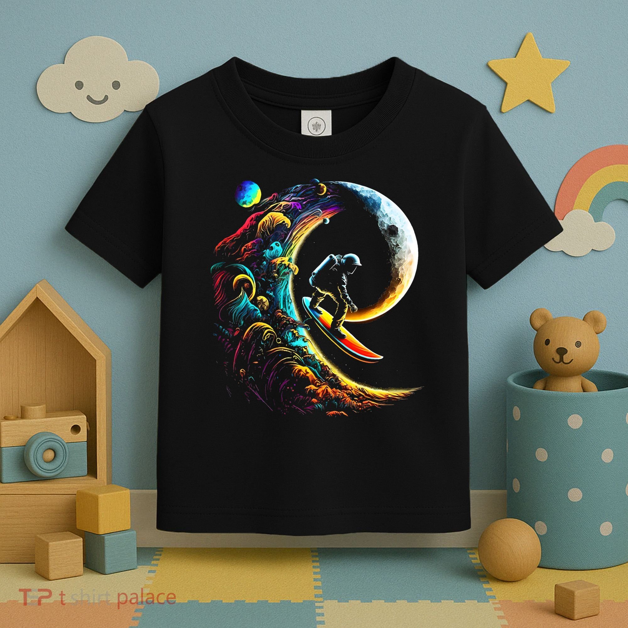 Astronaut surfing through space universe galaxy planets moon Toddler T-Shirt