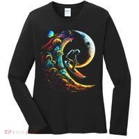 Astronaut surfing through space universe galaxy planets moon Women's Long Sleeve Shirt thumb 0