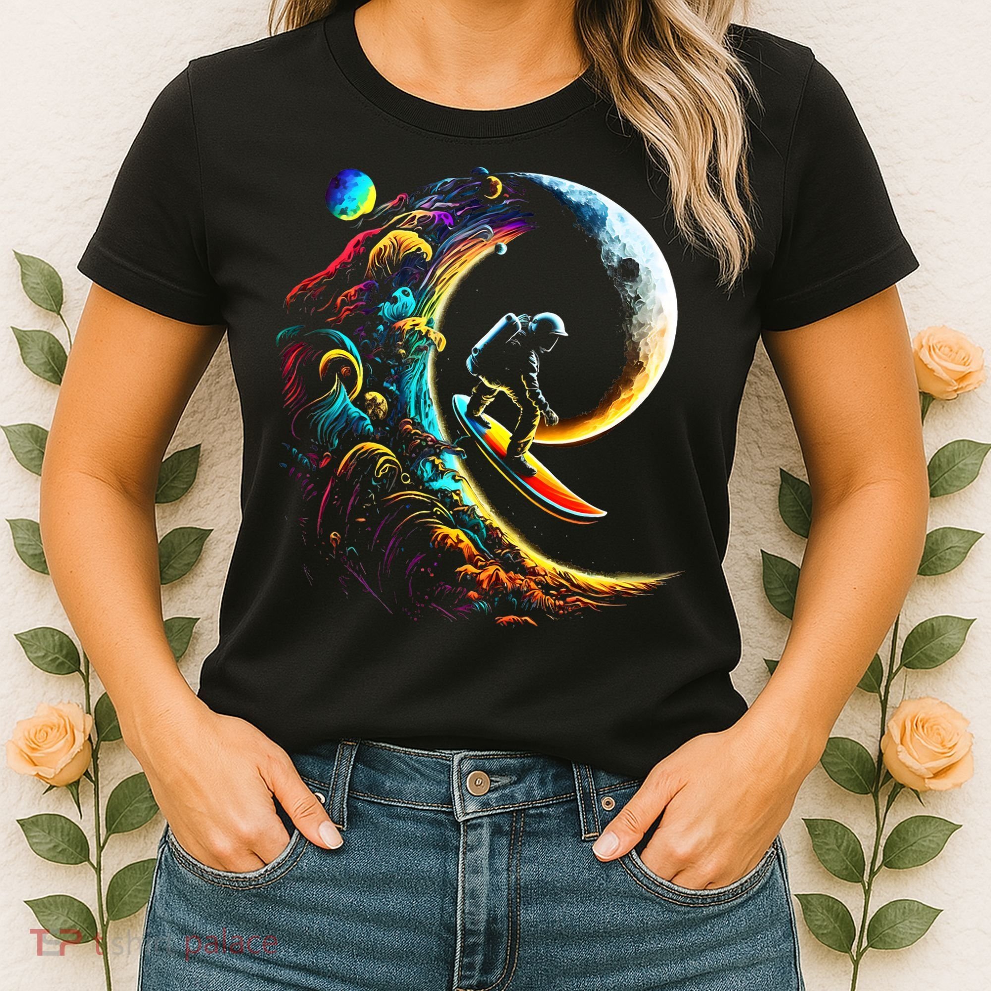 Astronaut surfing through space universe galaxy planets moon Women's T-Shirt
