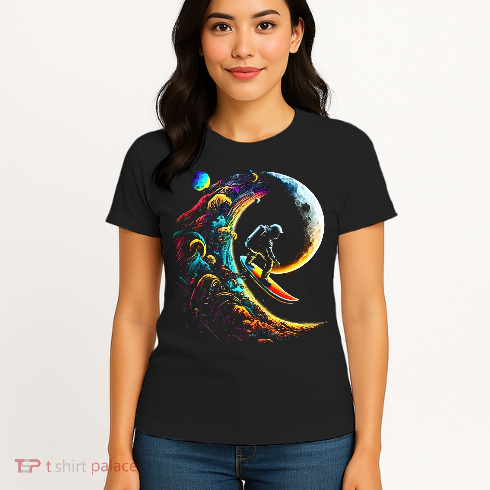 Astronaut surfing through space universe galaxy planets moon Women's T-Shirt