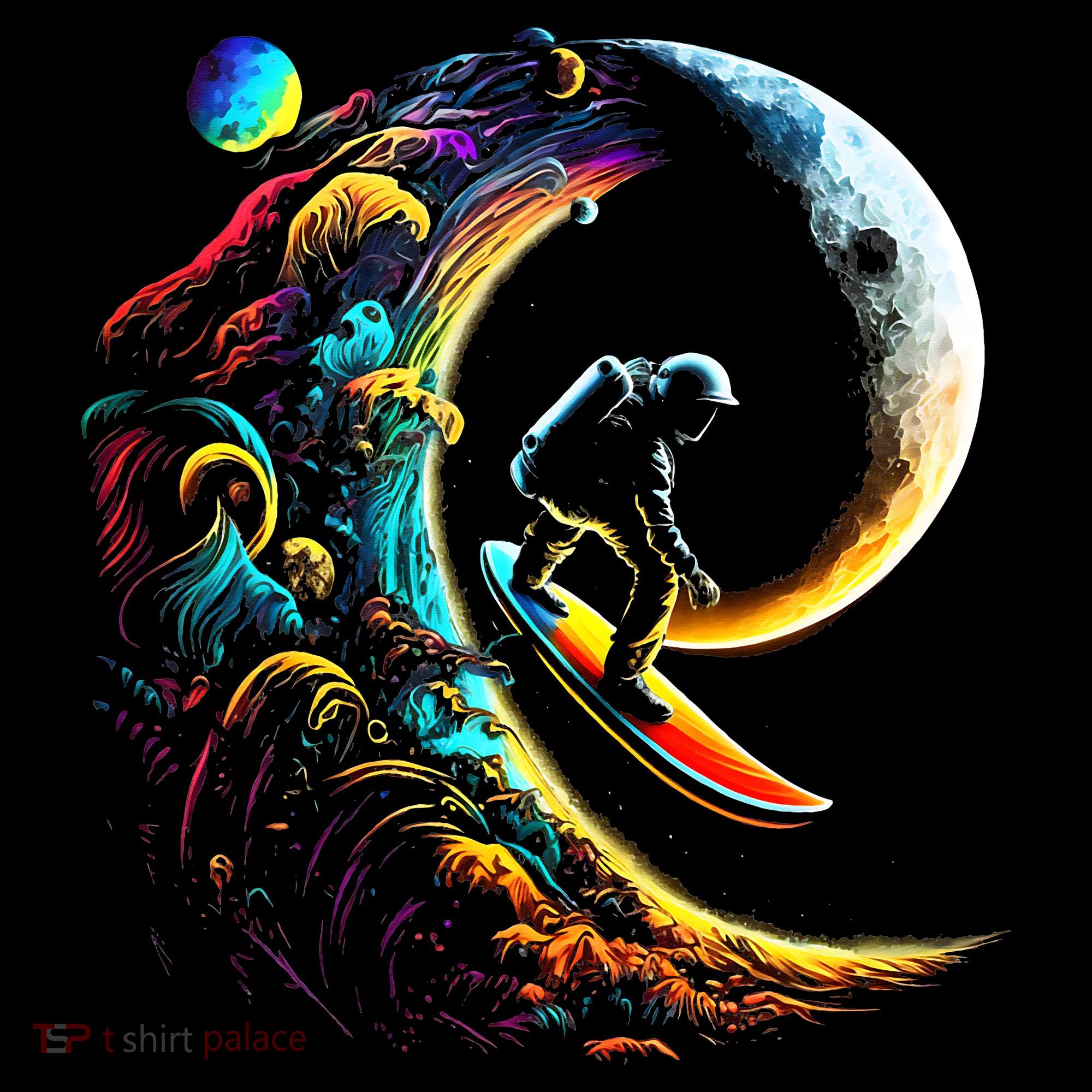 Astronaut surfing through space universe galaxy planets moon Women's T-Shirt
