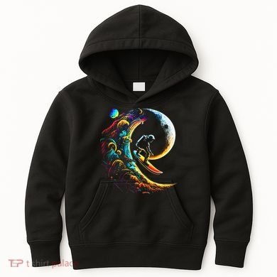 Astronaut surfing through space universe galaxy planets moon Kids Hoodie