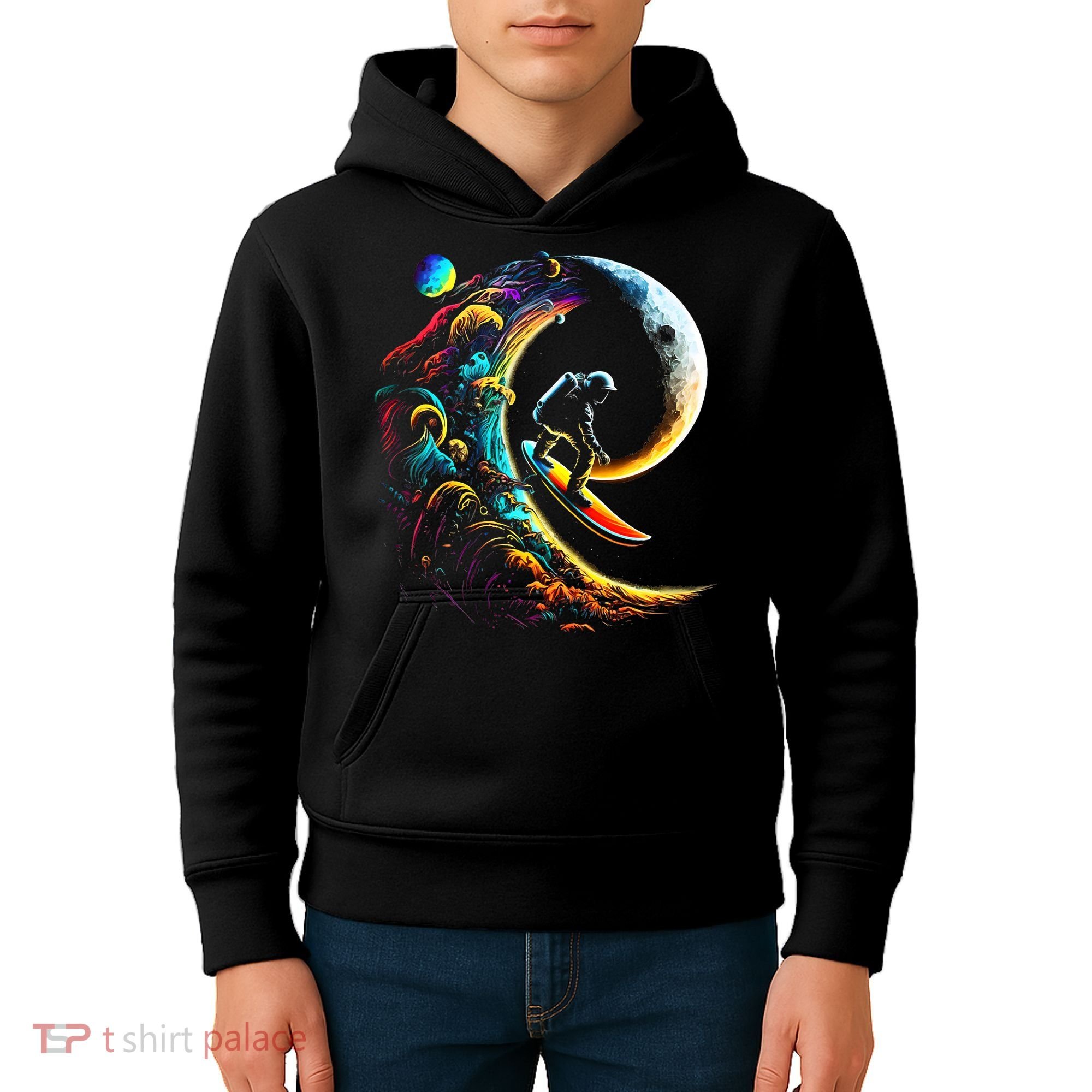 Astronaut surfing through space universe galaxy planets moon Kids Hoodie