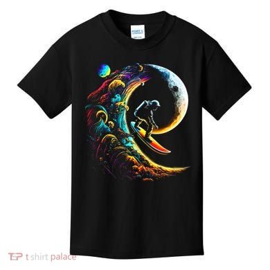 Astronaut surfing through space universe galaxy planets moon Kids T-Shirt