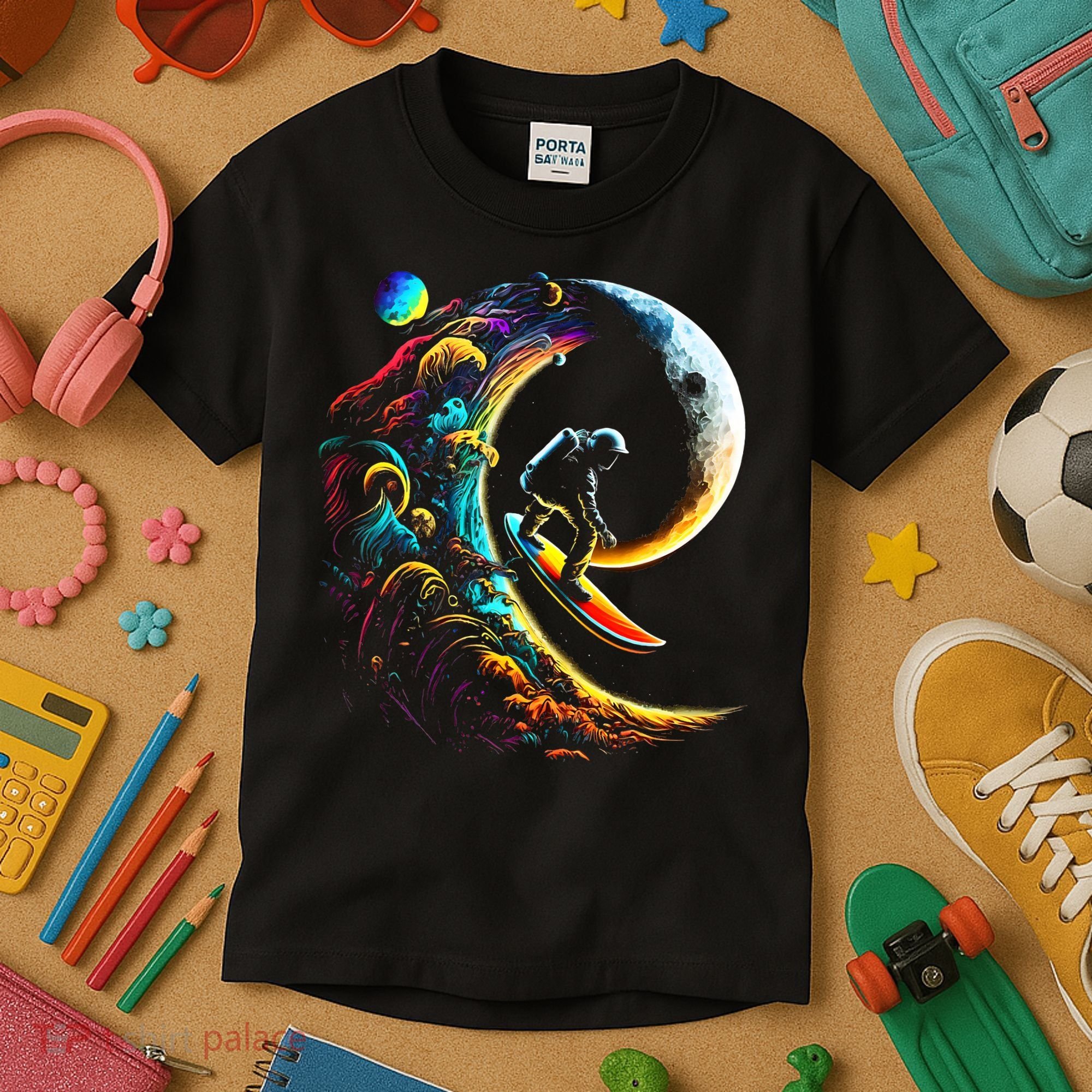 Astronaut surfing through space universe galaxy planets moon Kids T-Shirt