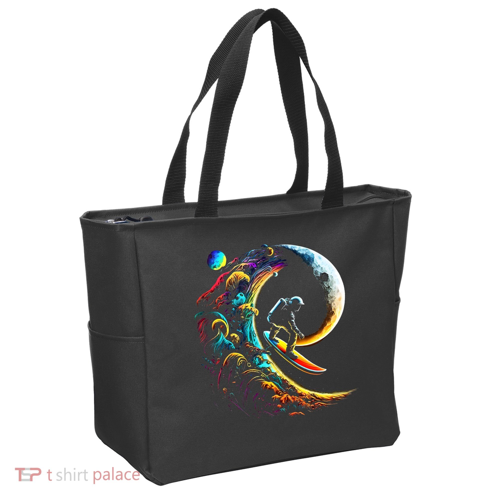 Astronaut surfing through space universe galaxy planets moon Tote Bag