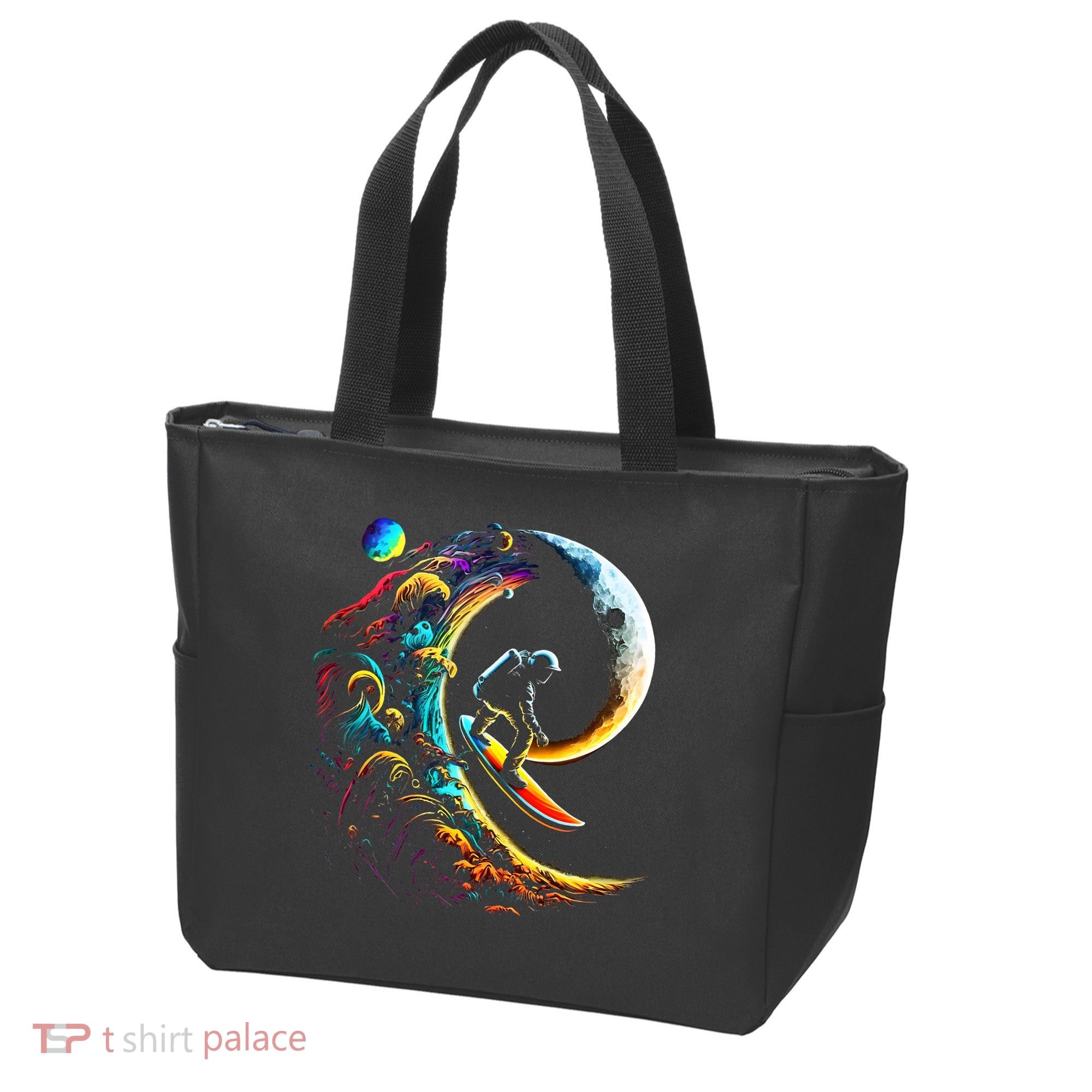 Astronaut surfing through space universe galaxy planets moon Tote Bag