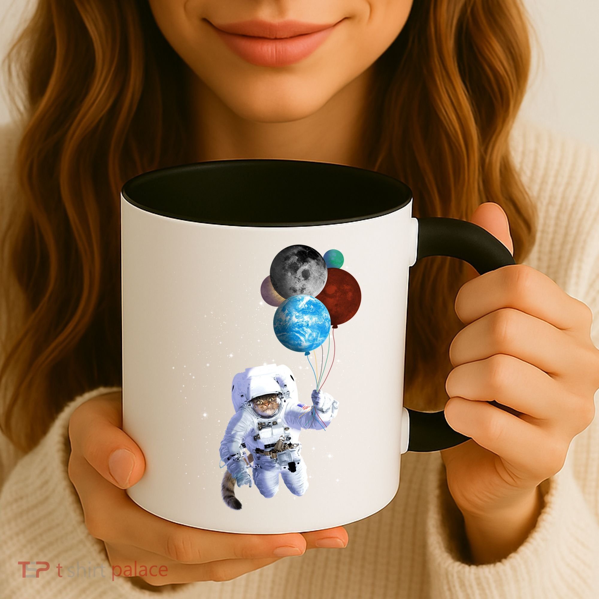 Astro Cat With Planet Balloons Coffee Mug