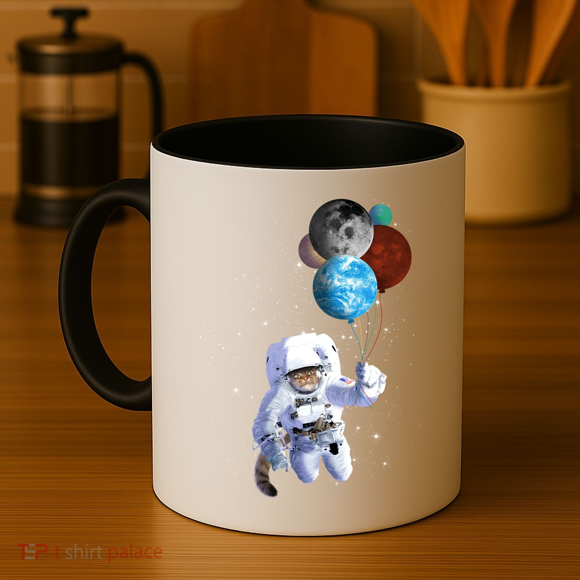 Astro Cat With Planet Balloons Coffee Mug