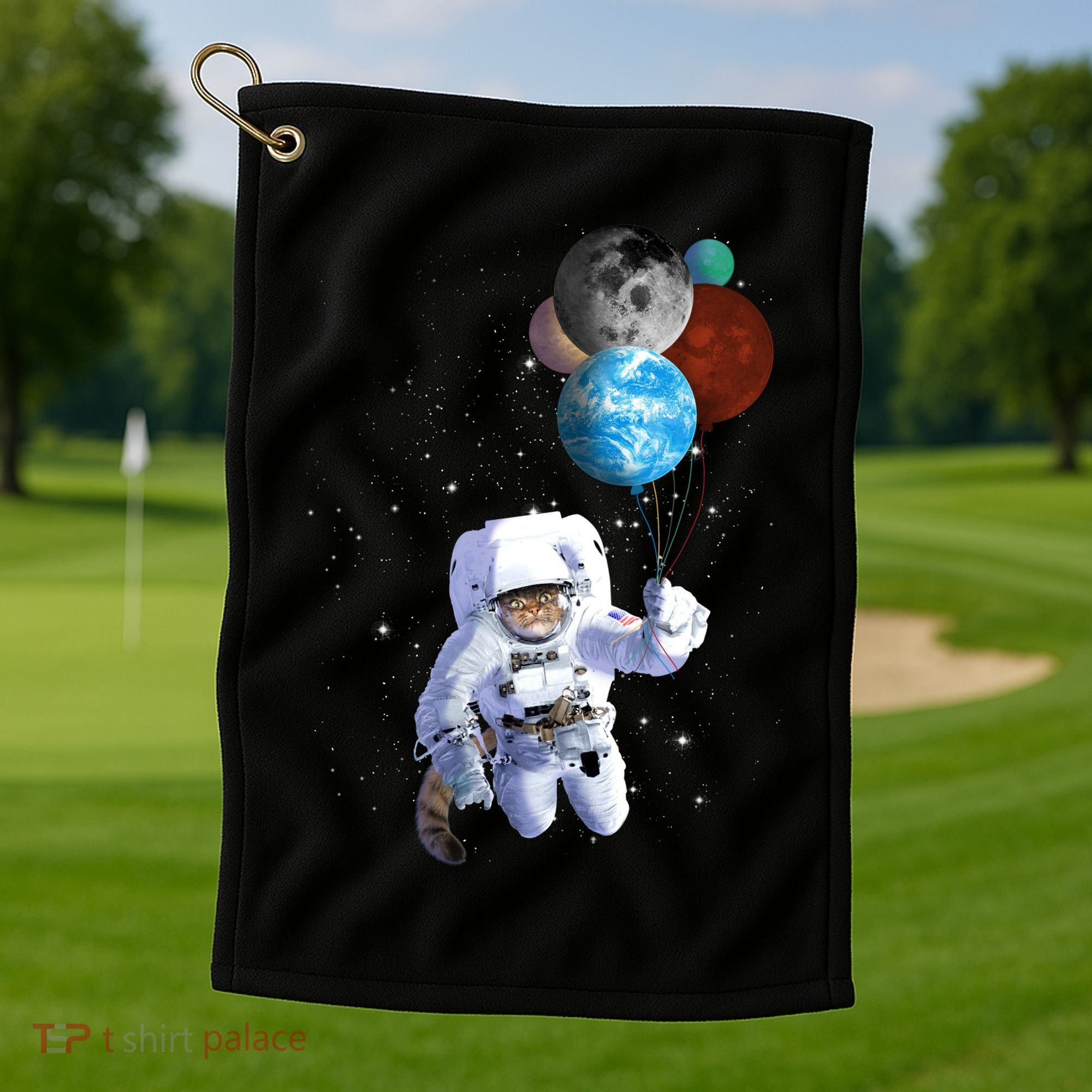 Astro Cat With Planet Balloons Golf Towel