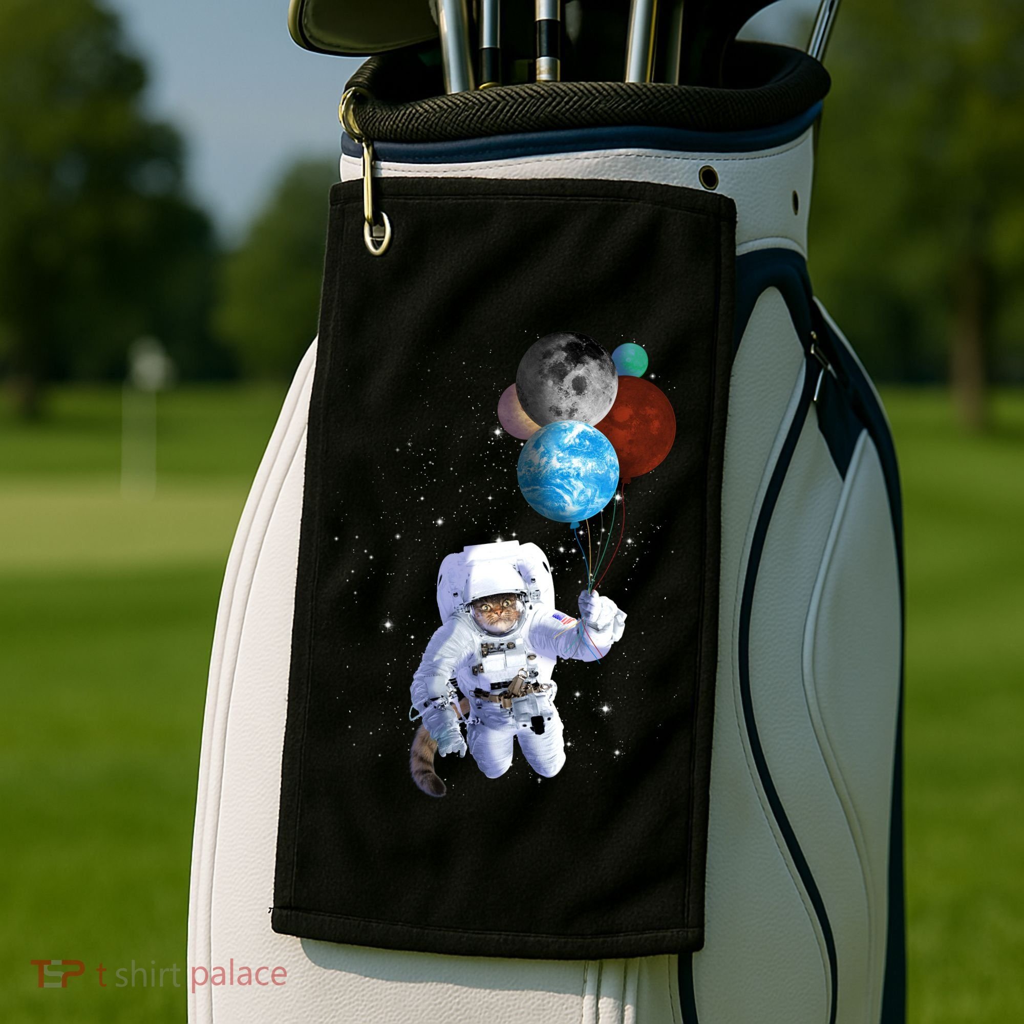 Astro Cat With Planet Balloons Golf Towel