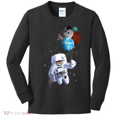 Astro Cat With Planet Balloons Kids Long Sleeve Shirt