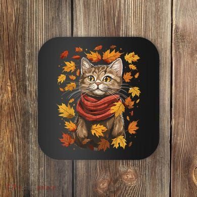 Autumn Themed Cute Cat Fall Breeze Kitten Cat Lover Coaster