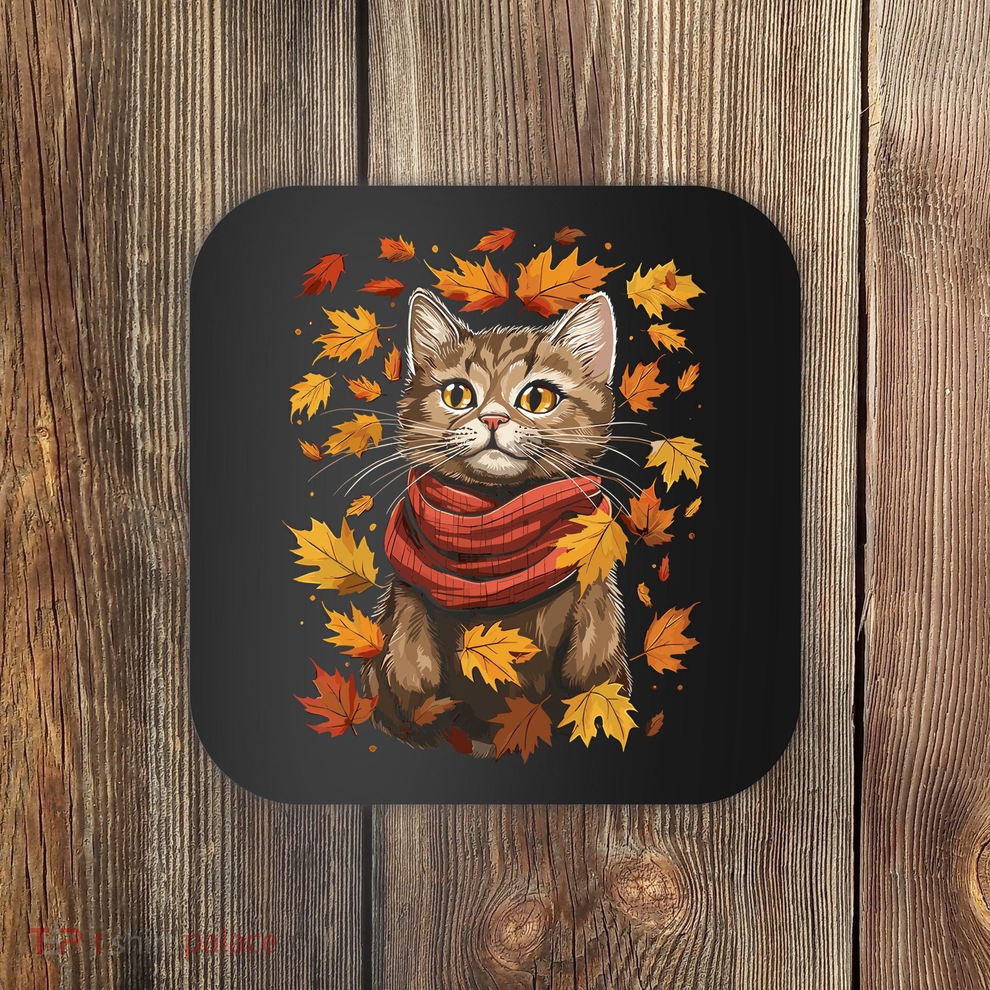Autumn Themed Cute Cat Fall Breeze Kitten Cat Lover Coaster