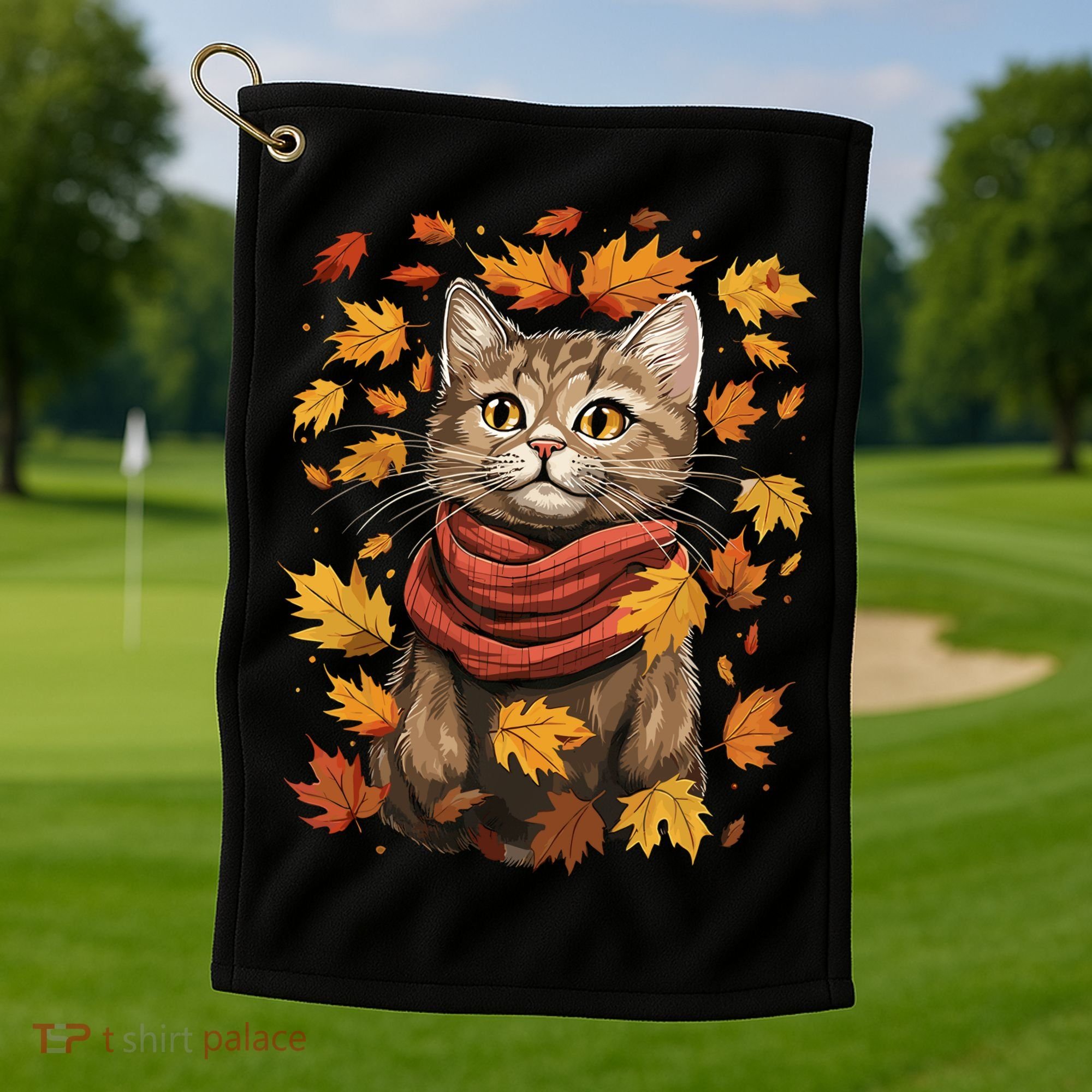Autumn Themed Cute Cat Fall Breeze Kitten Cat Lover Golf Towel