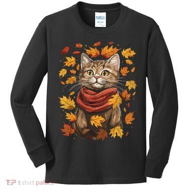 Autumn Themed Cute Cat Fall Breeze Kitten Cat Lover Kids Long Sleeve Shirt