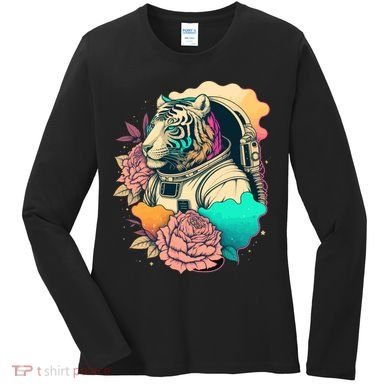 Astronaut Tiger Flowery Design Women's Long Sleeve Shirt