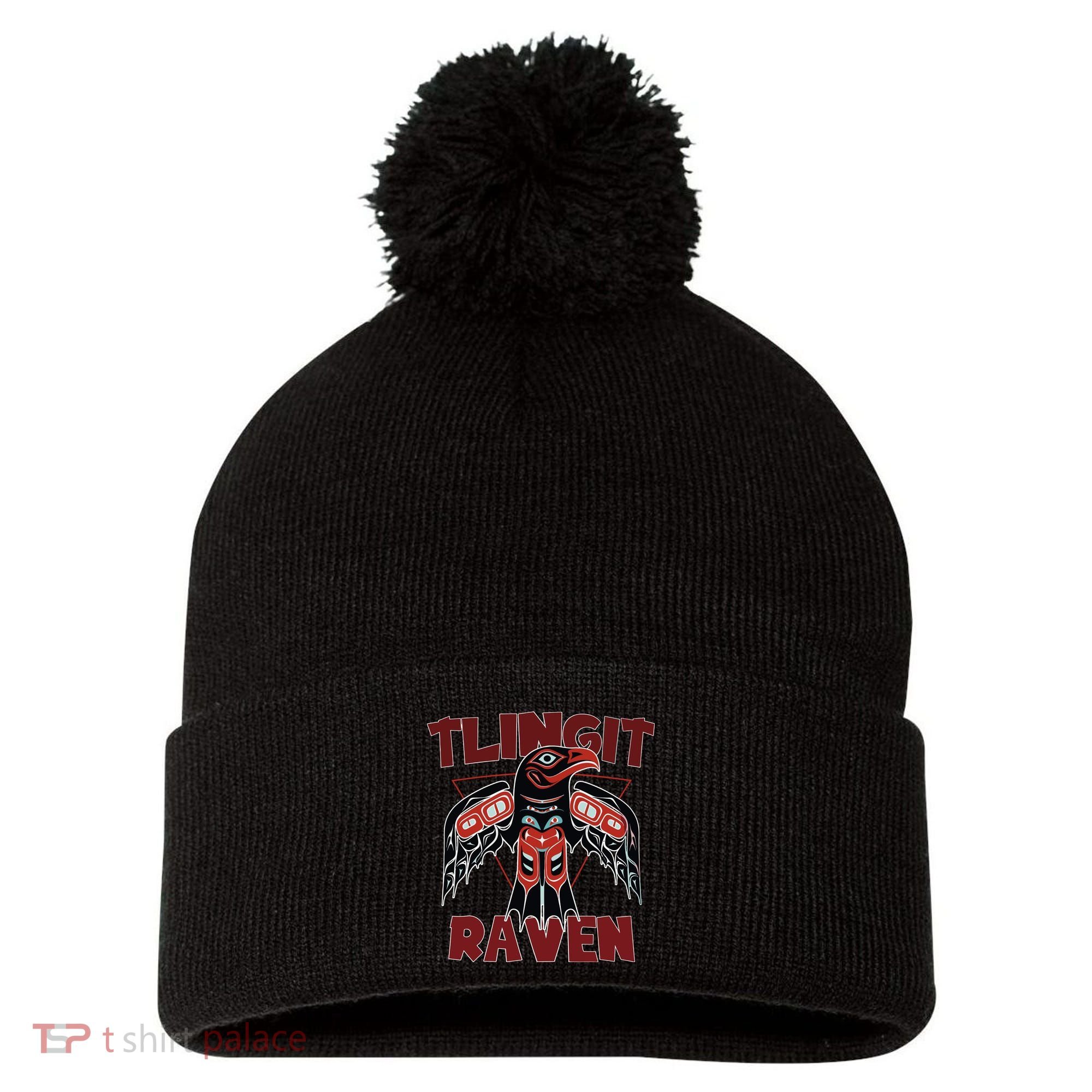 Alaska Tlingit For Native Raven Totem Pom Pom 12in Knit Beanie