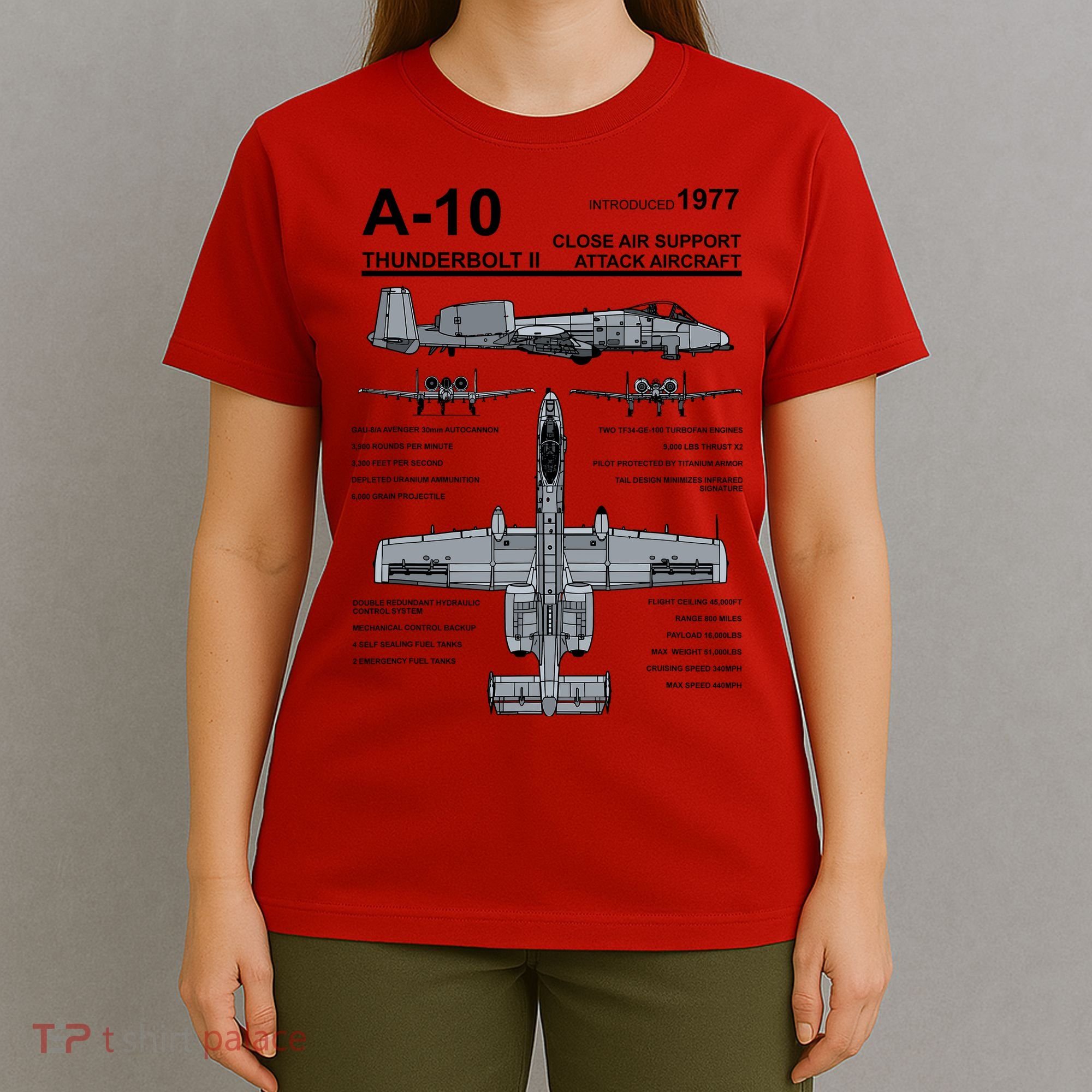 A10 Thunderbolt Ii Warthog Military Jet Spec Diagram T-Shirt