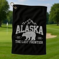Alaska The Last Frontier Est 1959 Grizzly Bear Mountains Golf Towel thumb 1