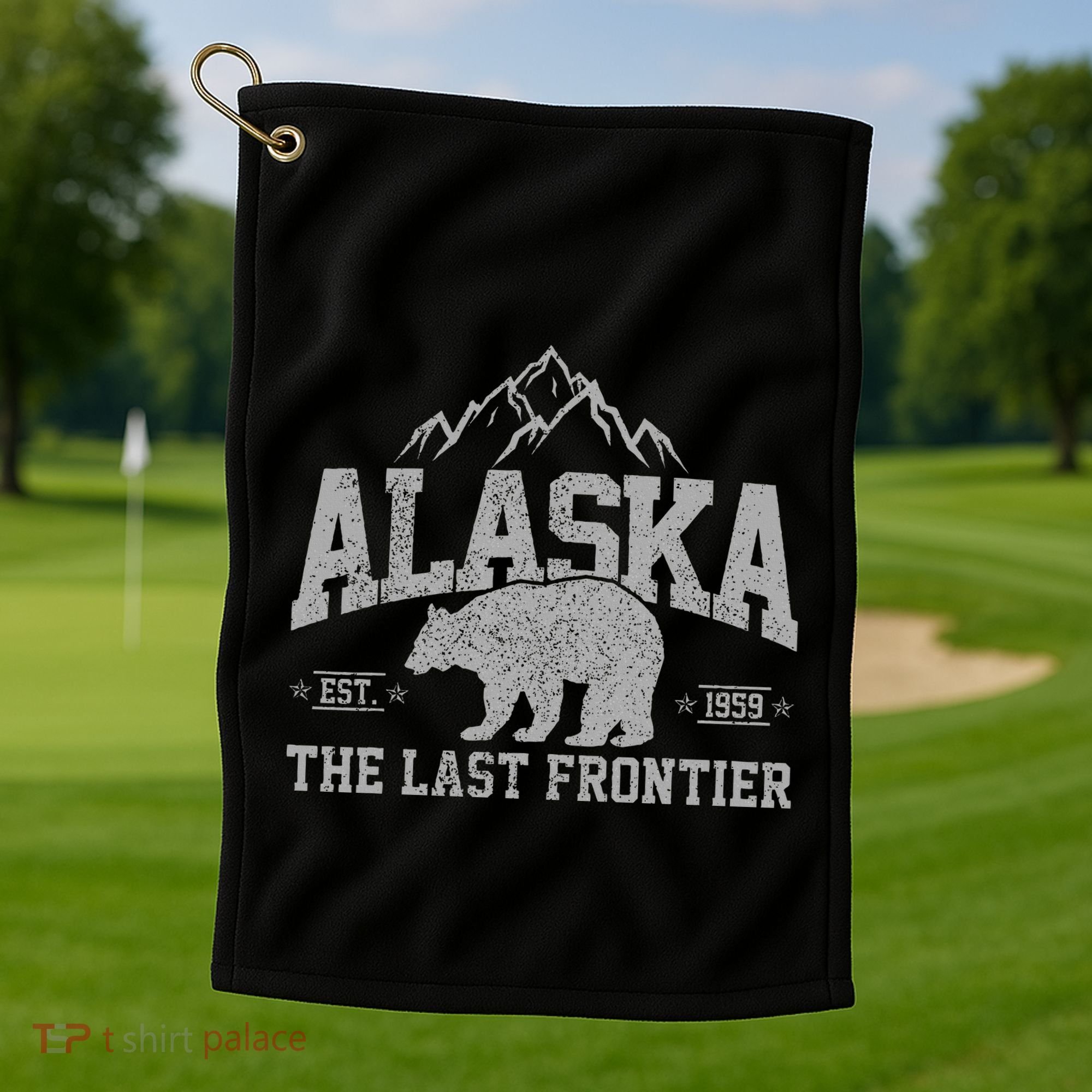 Alaska The Last Frontier Est 1959 Grizzly Bear Mountains Golf Towel