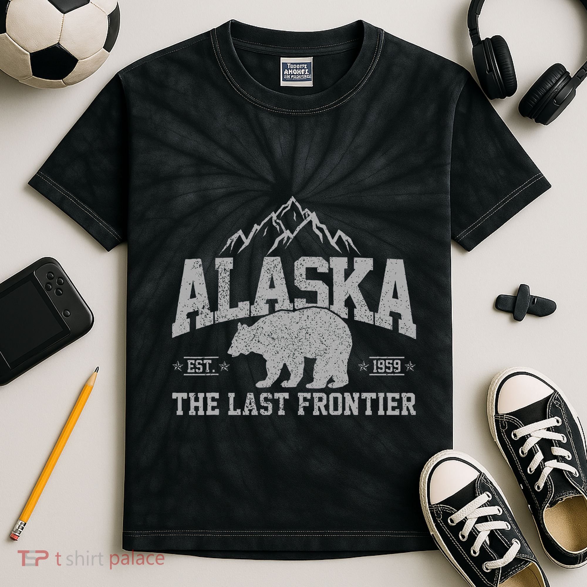 Alaska The Last Frontier Est 1959 Grizzly Bear Mountains Kids Tie-Dye T-Shirt