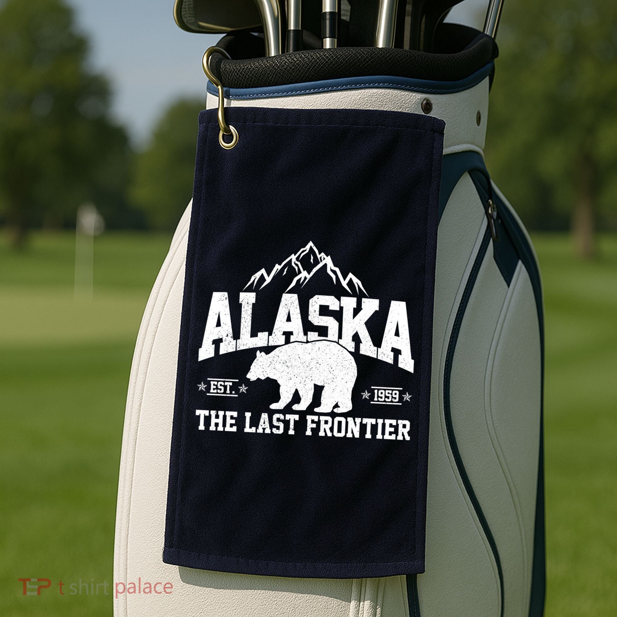 Alaska The Last Frontier EST 1959 Grizzly Bear Mountains Golf Towel