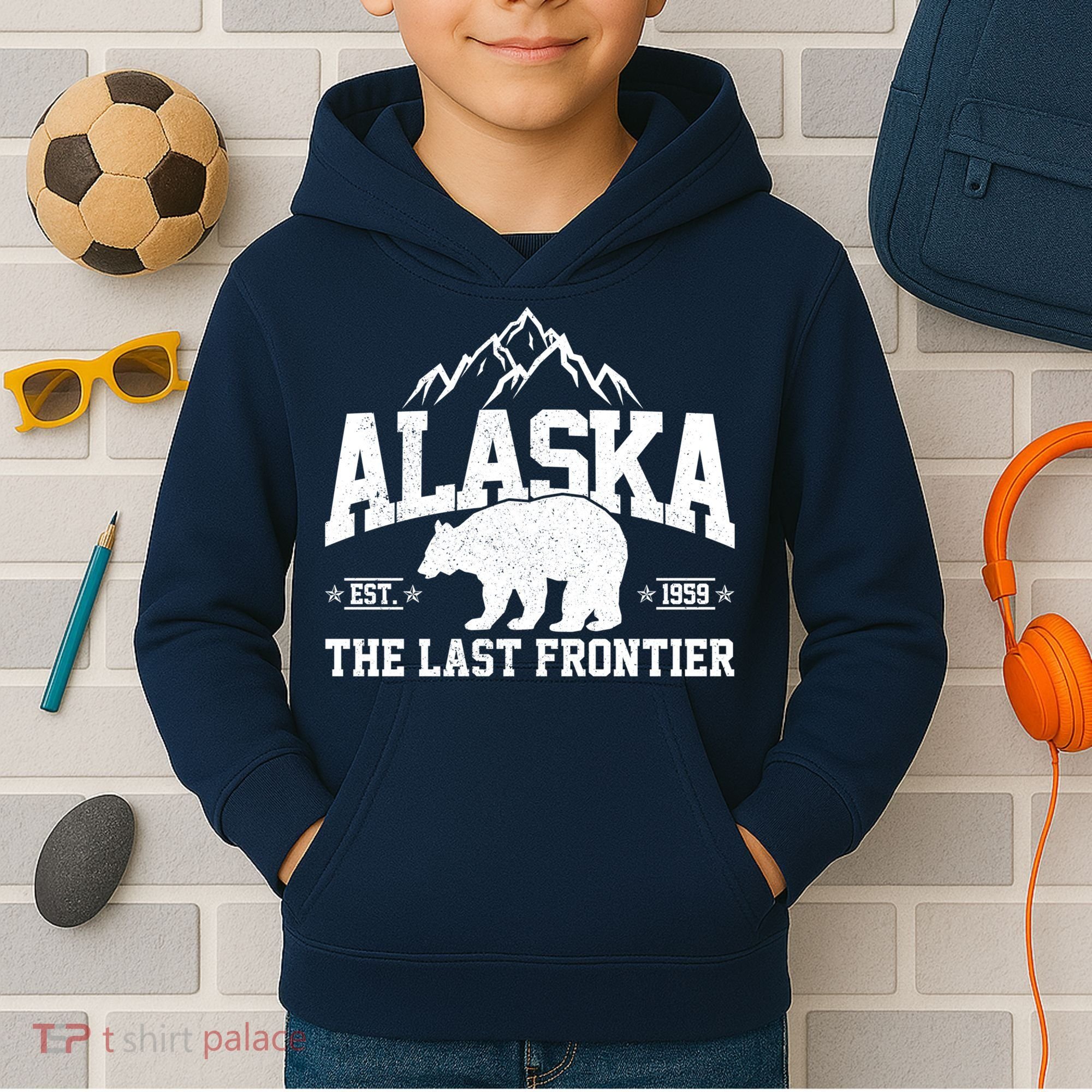 Alaska The Last Frontier EST 1959 Grizzly Bear Mountains Kids Hoodie